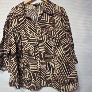 East 5th Woman Blouse 2X Linen Rayon Brown Beige Geometric Print Button Front...